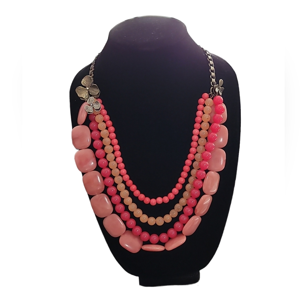 Fossil Barbie Pink Coral Flower Bohemian Statement Layered Chain Beaded Necklace